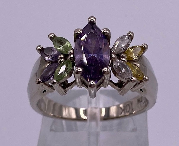 10k White Gold Marquise Semi Precious Stone Ring Sz 6.5 Signed AC