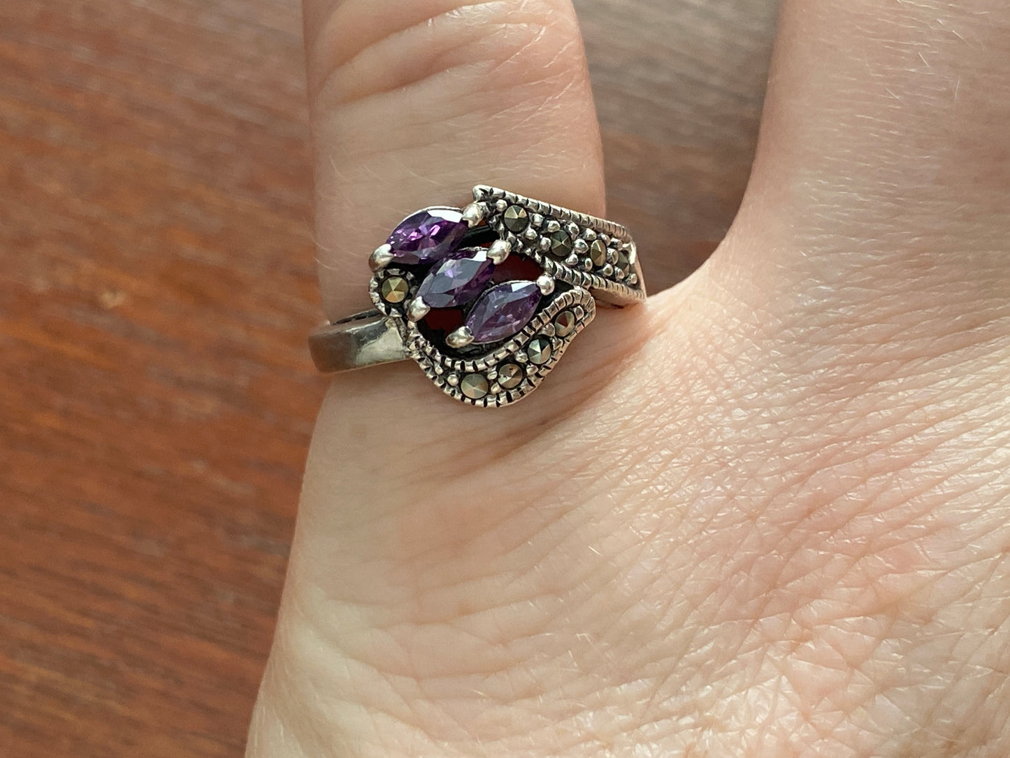 Sterling Silver 925 Marquise Amethyst Marcasite Ring Sz 6