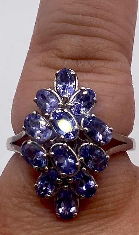 Sterling Silver 925 Oval Tanzanite Cluster Ring Sz 8 Signed STS