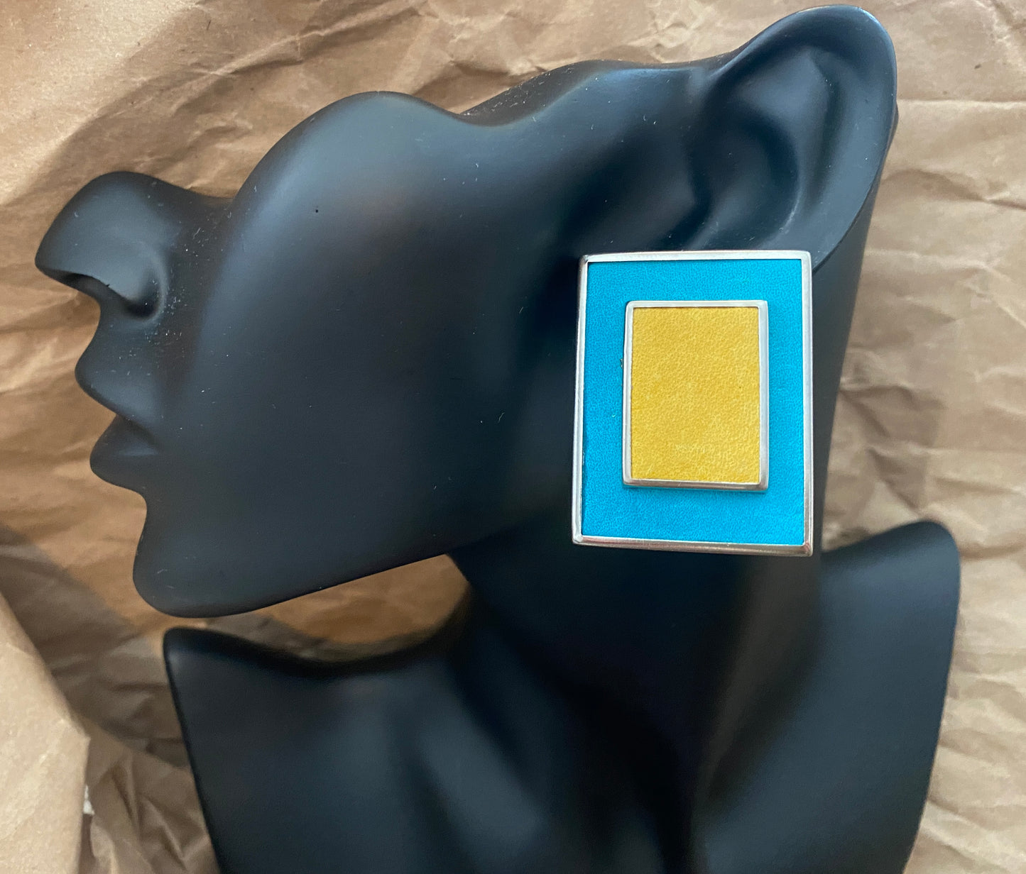 Vintage Large Graphic Suede Blue Yellow Silver Tone Statement Earrings