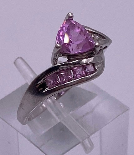 10k White Gold Trillion Cut Pink CZ Cocktail Ring Size 6.5 - Signed LGL