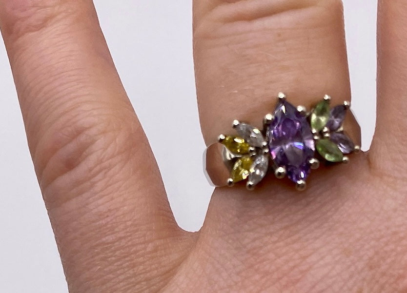 10k White Gold Marquise Semi Precious Stone Ring Sz 6.5 Signed AC