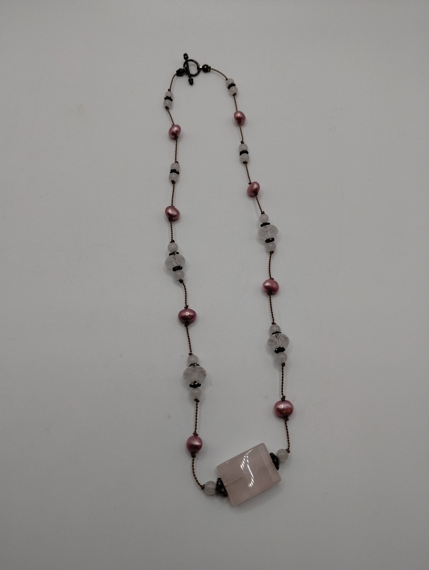 Silver Tone Pink Quartz Pink Pearl Toggle Clasp Necklace