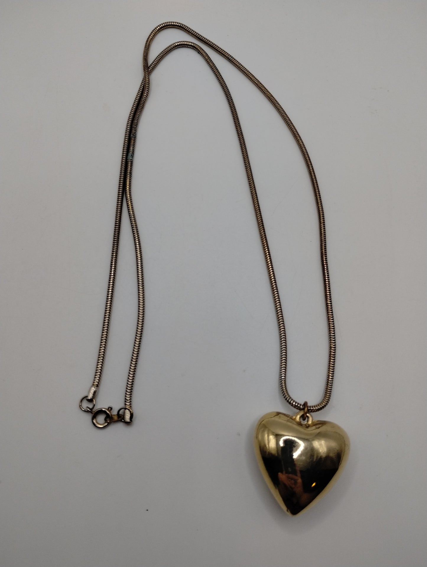Vintage Gold Tone Large Puffy Heart on Snake Chain Pendant Necklace