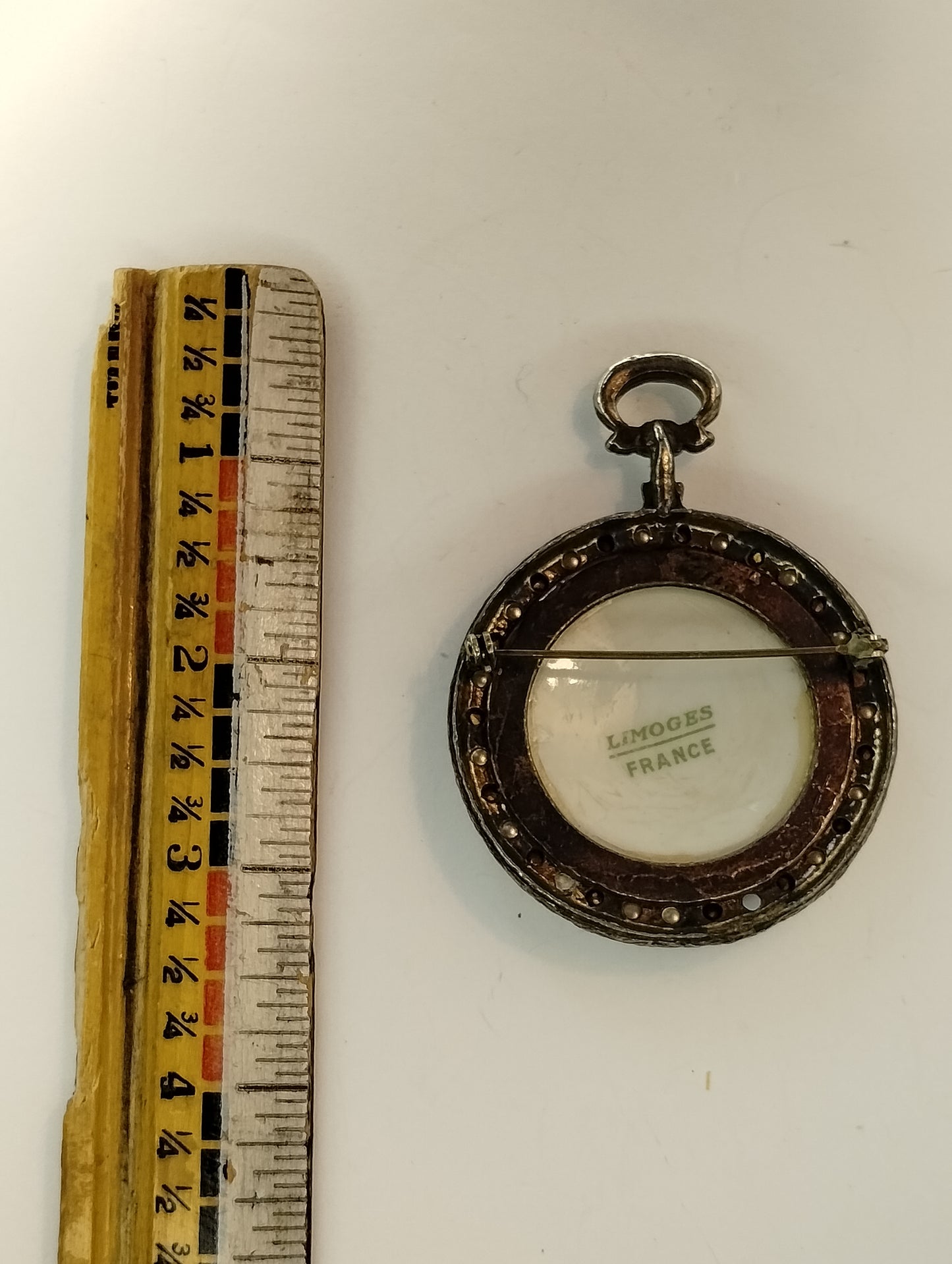 Vintage Limoges France Porcelain Framed Portrait Painted Brooch Pearl Rhinestone