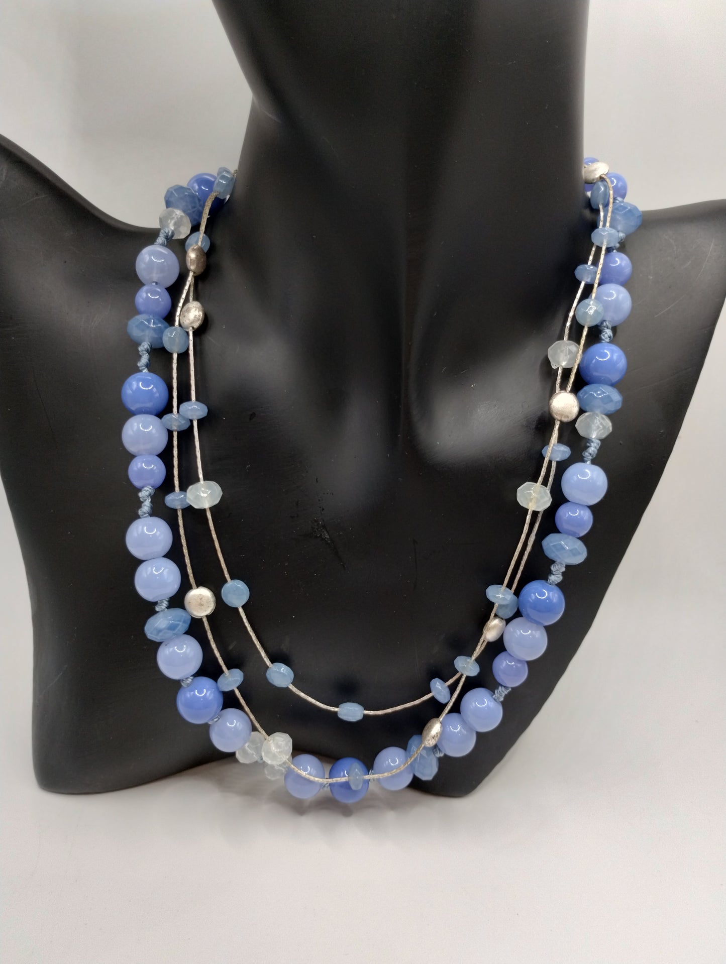 Vintage Multi Strand Silver Tone & Blue Bead Necklace