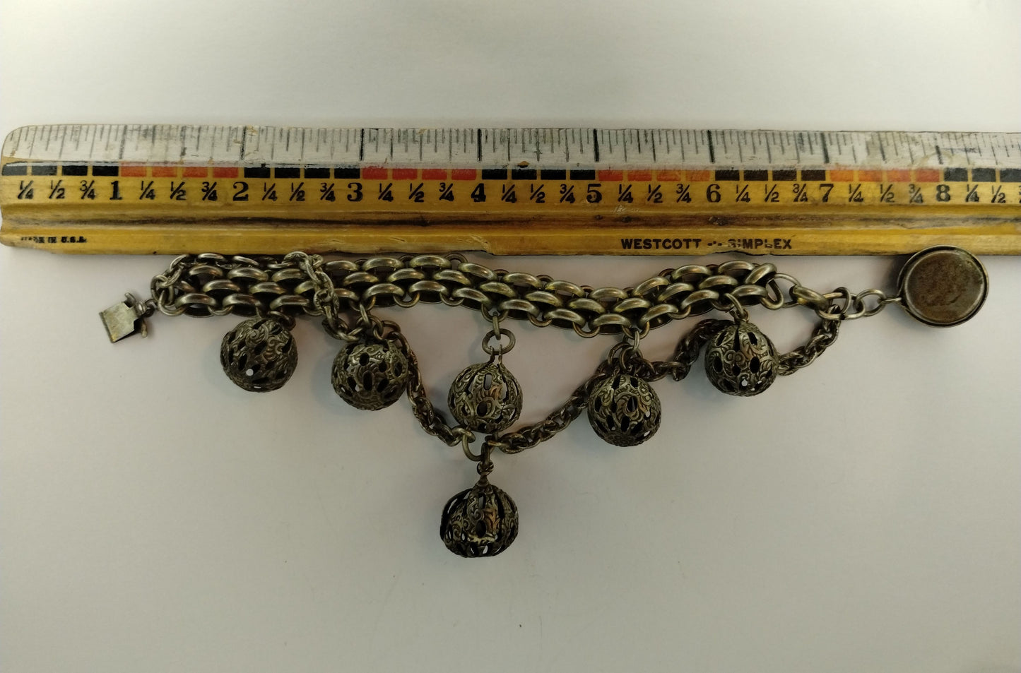 Vintage Silver Tone Heavy Multistran Chain Bell Ball Bohemian Bracelet Dangly
