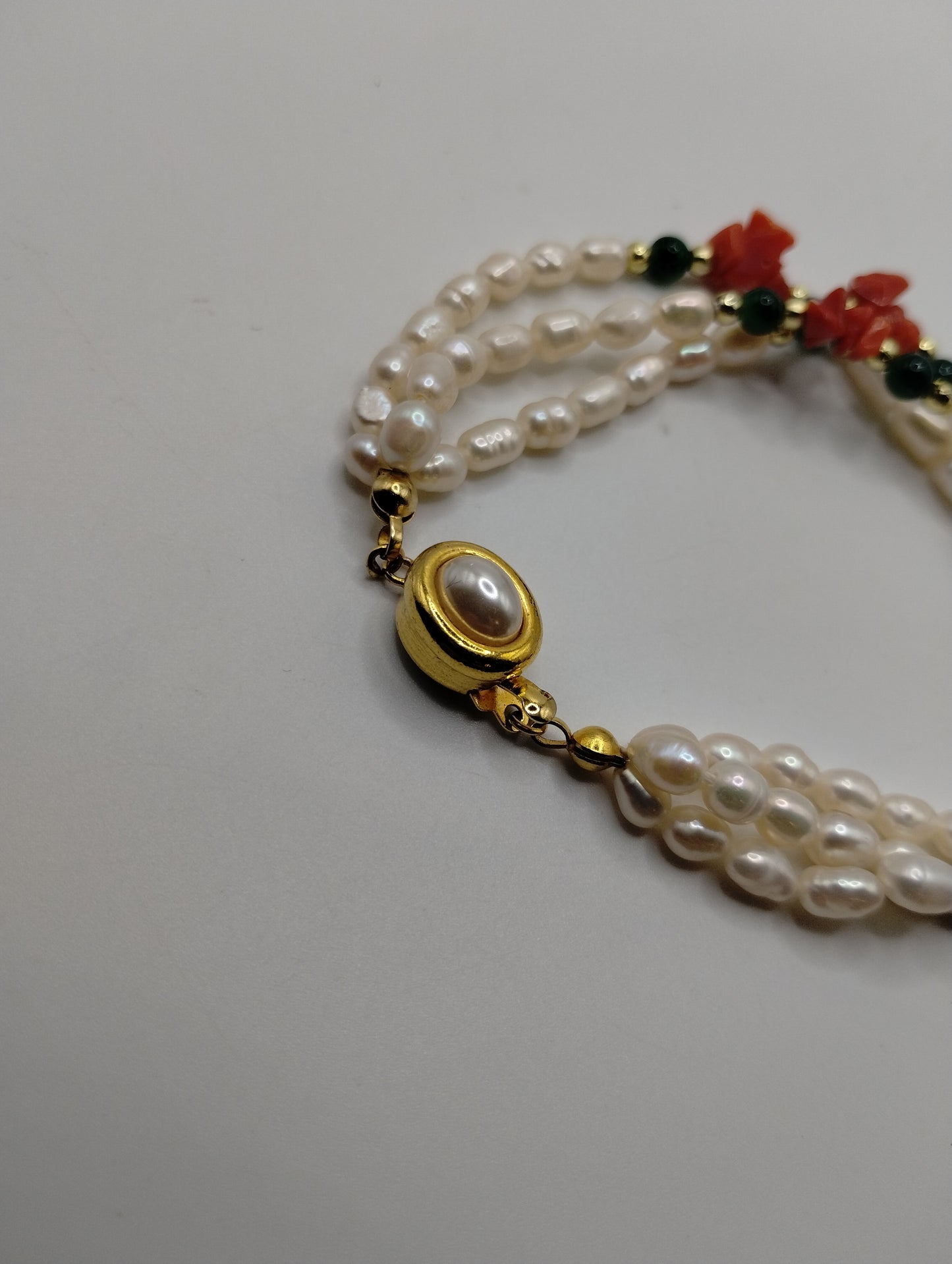 Vintage Multistrand Freshwater Pearl Jade Coral Bracelet