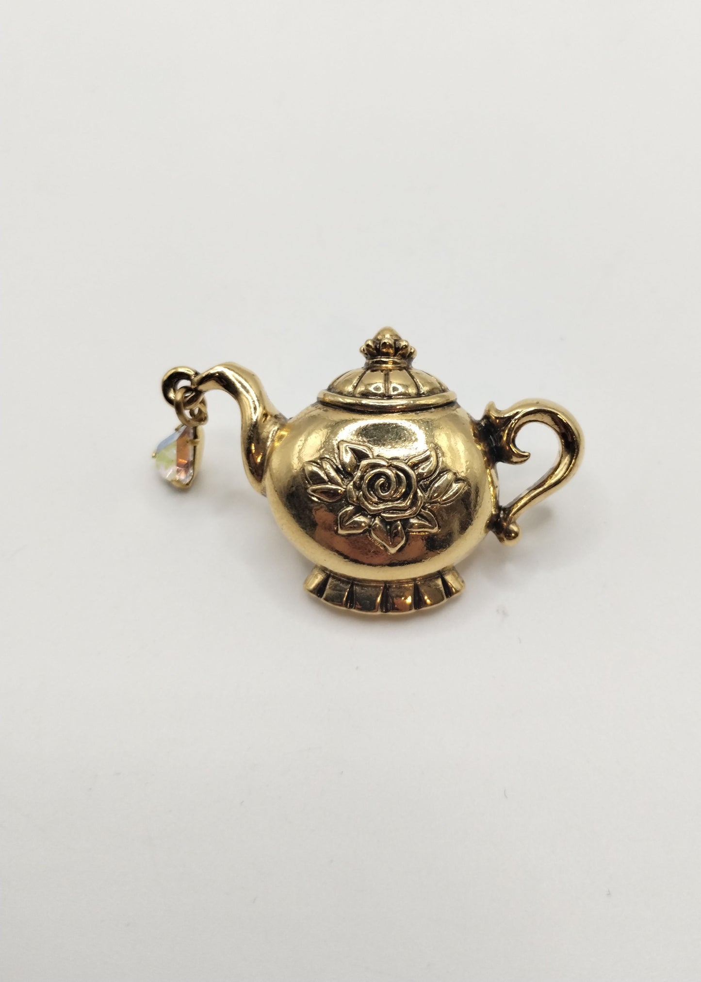 Vintage Gold Tone Avon Flower Tea Pot Aurora Borealis Tear Drop CZ Pin Brooch