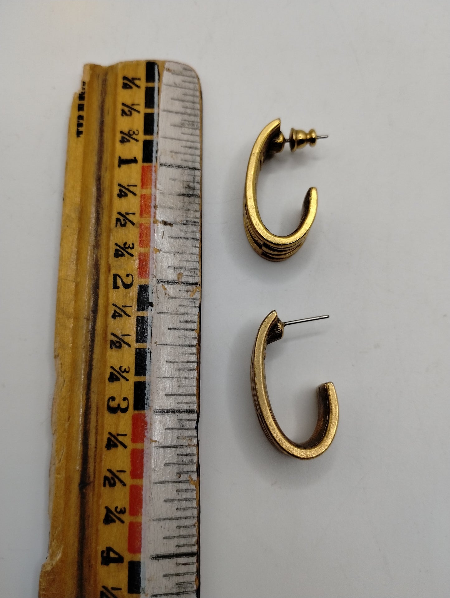 Vintage Signed Monet Brass Bronze Tone Patterened Hoop Pierced Earrings