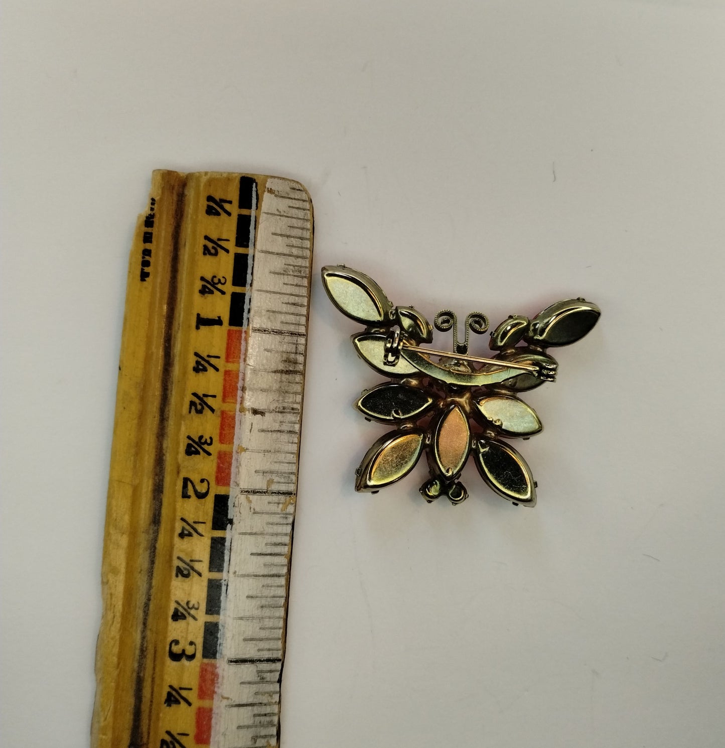 Vintage Bronze Tone Orange Red Rhinestone Butterfly Brooch Pin