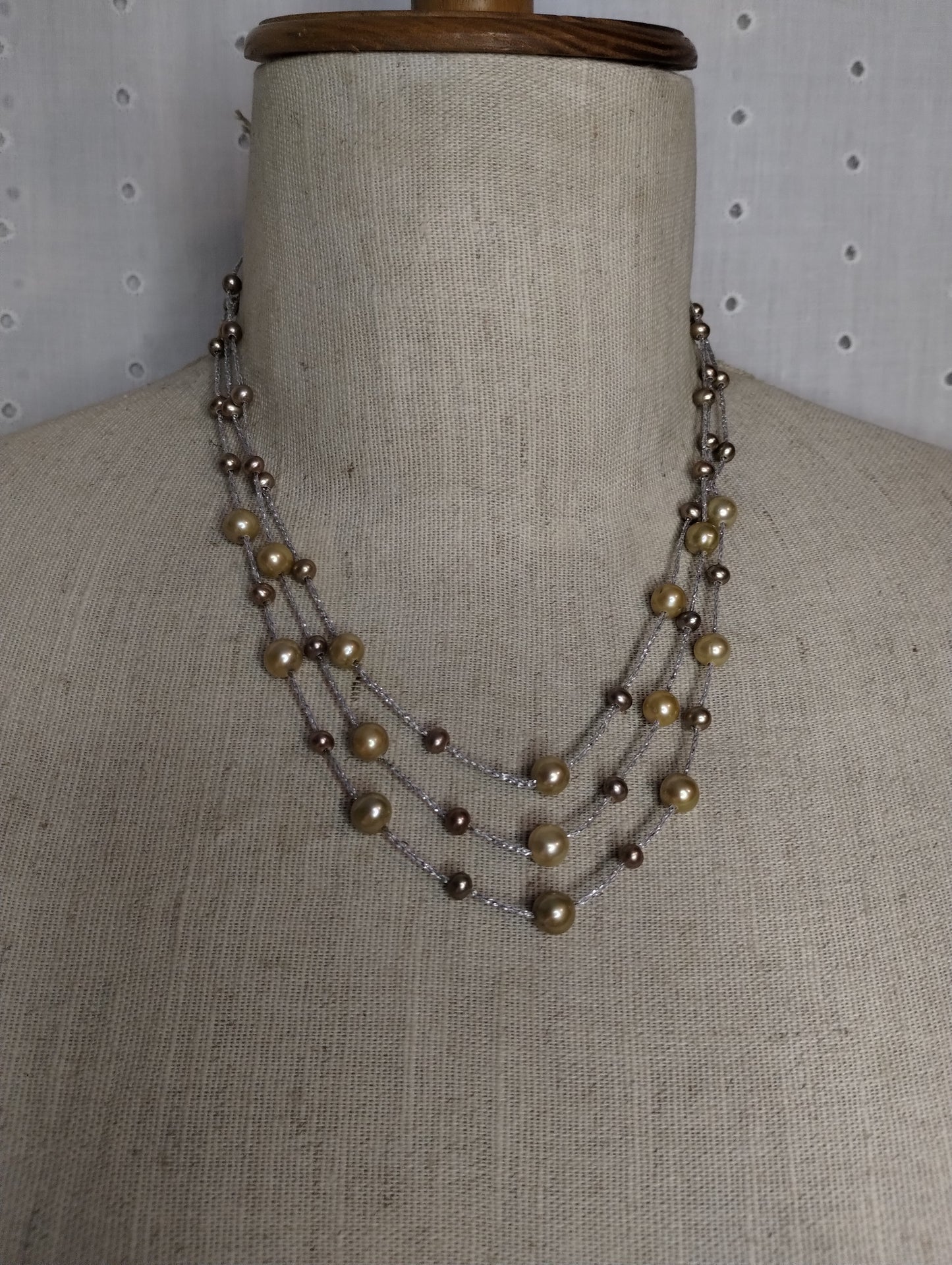 Sterling Silver 925 3 Strand Multistrand Real Pearl Necklace