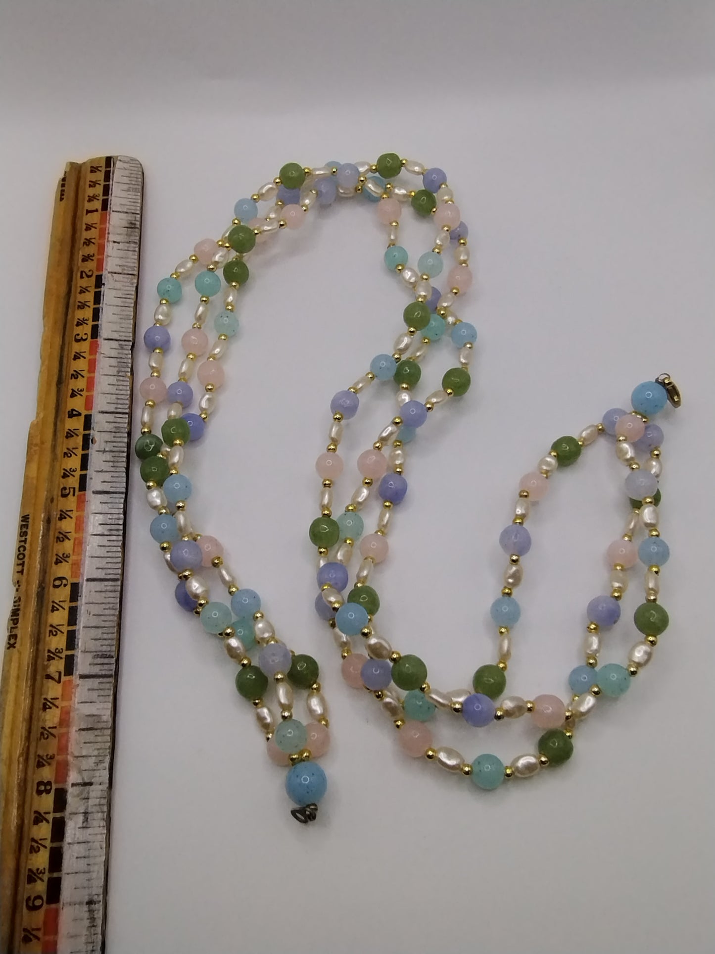 Vintage Pastel Plastic Bead Faux Pearl Multistrand Necklace Gold Tone