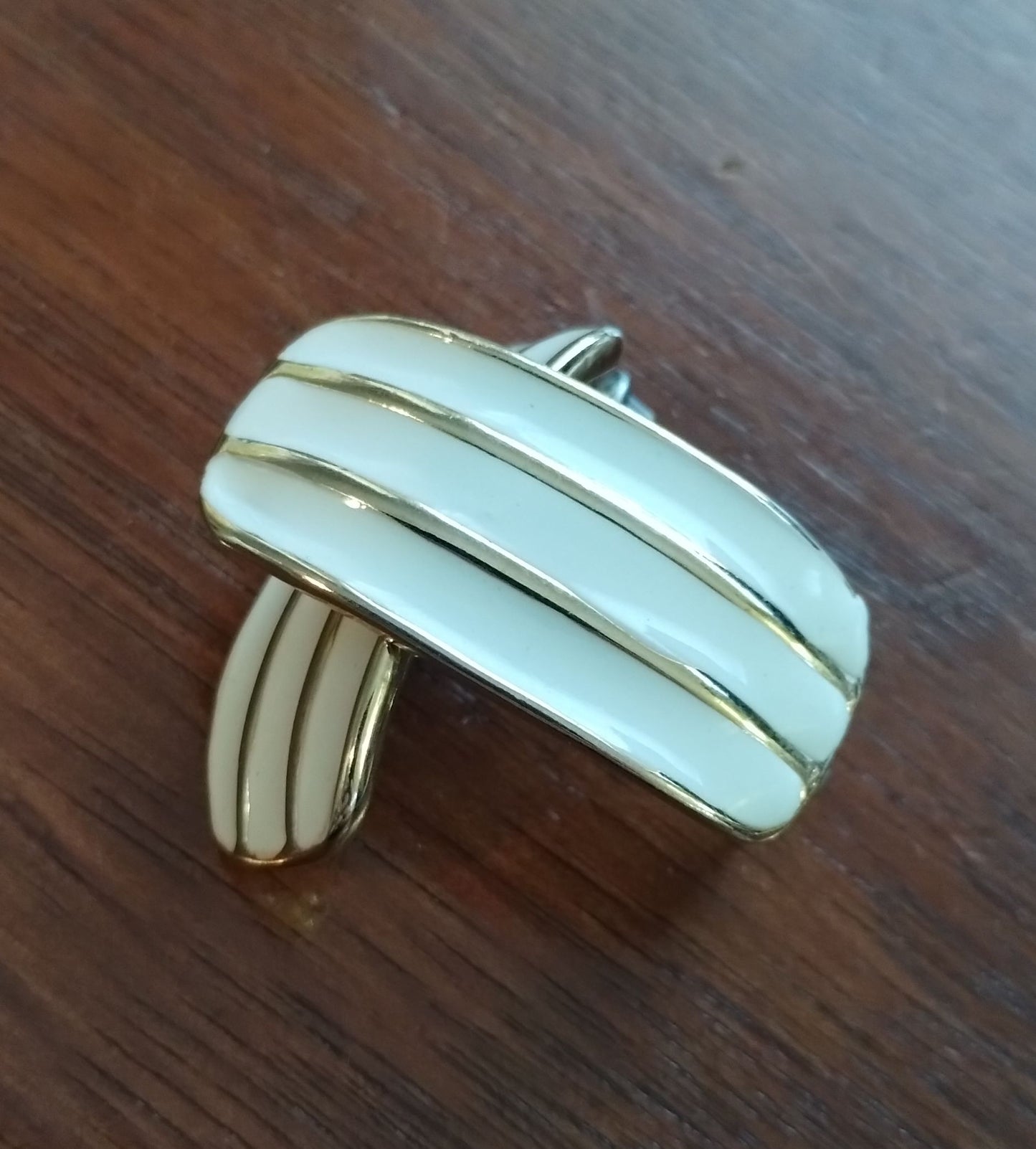 Vintage Gold Tone & White Enamel Striped Rectangular Post Back Earrings