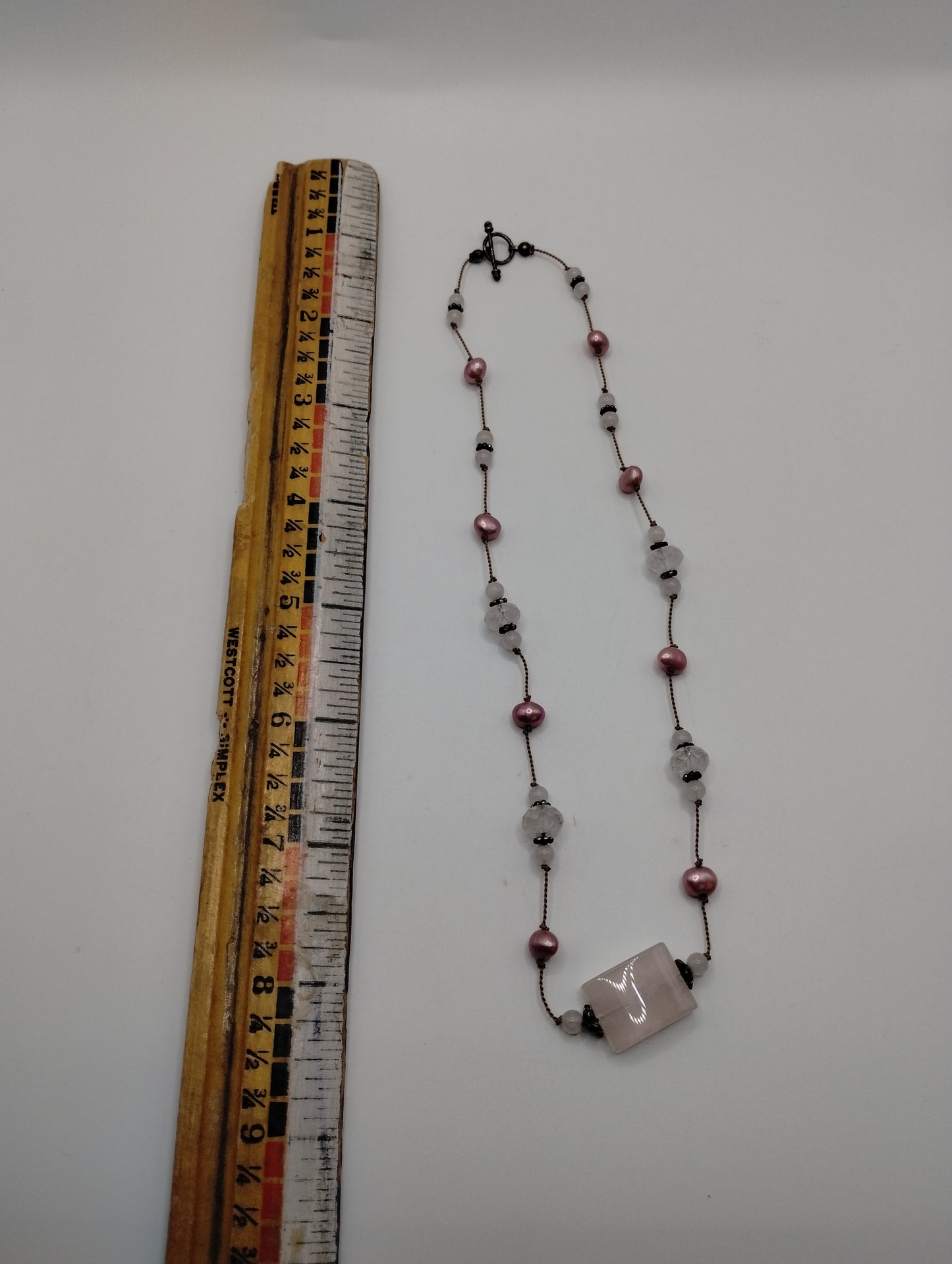 Silver Tone Pink Quartz Pink Pearl Toggle Clasp Necklace