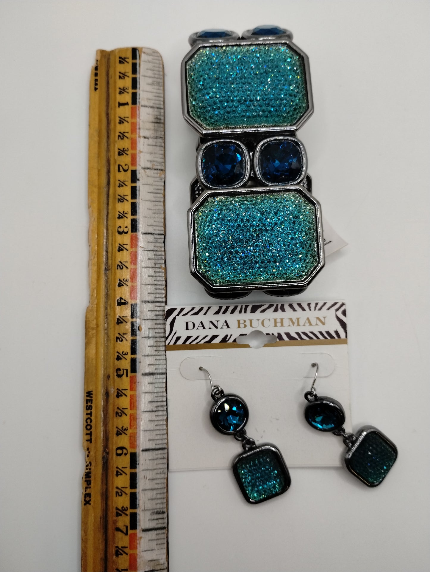 Dana Buchman Glittery Blue Stretch Chunky Bracelet Dangly Earrings Jewelry Set