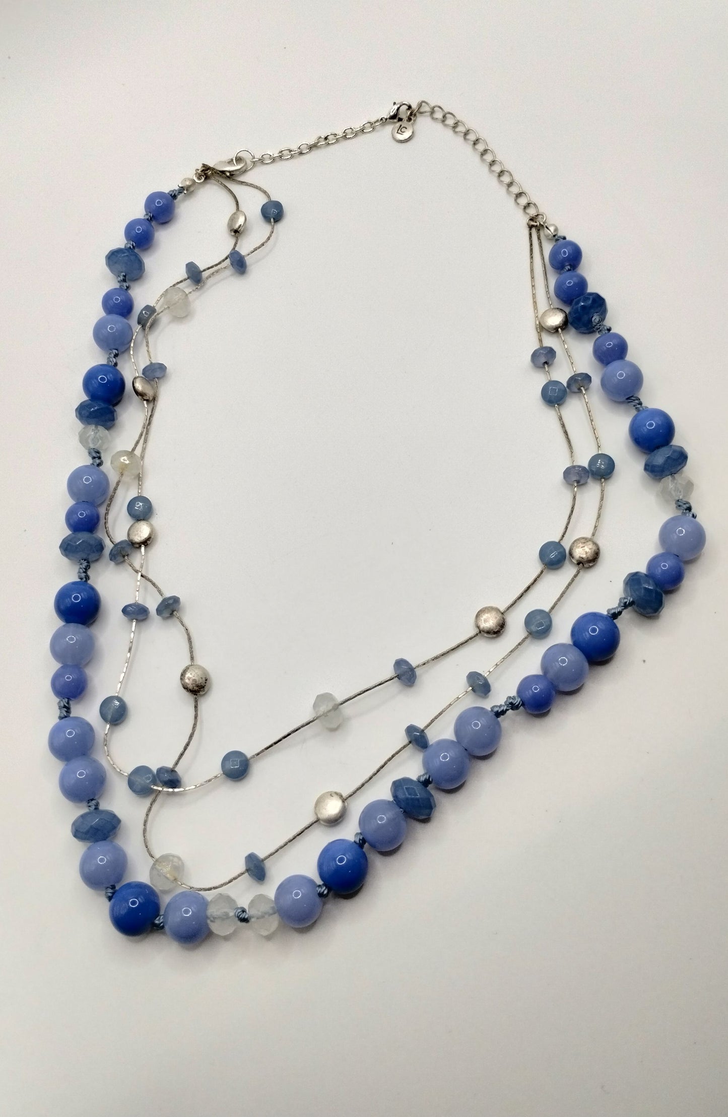 Vintage Multi Strand Silver Tone & Blue Bead Necklace