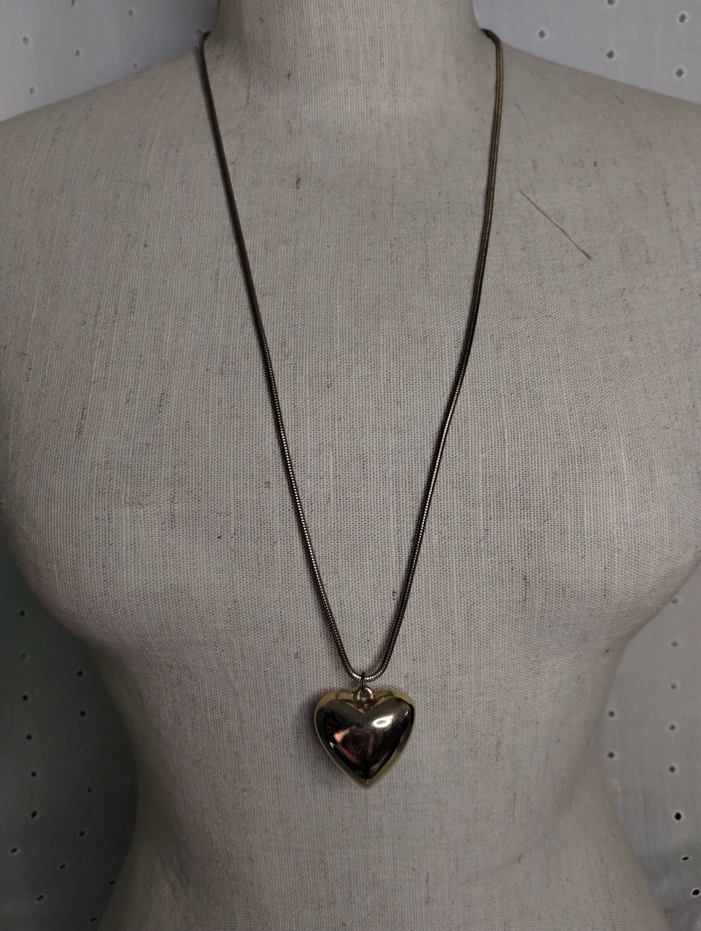 Vintage Gold Tone Large Puffy Heart on Snake Chain Pendant Necklace