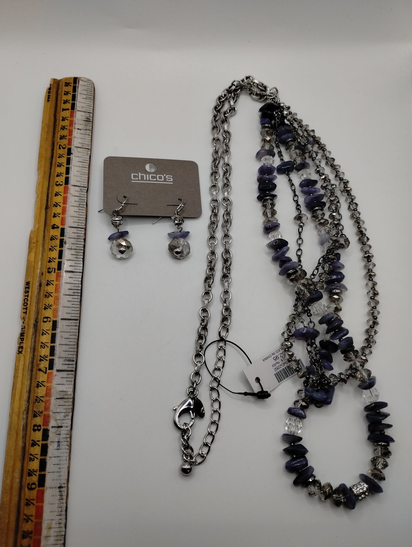 Chicos Jewelry Set Silver Tone Multistrand Chain Purple Bead Necklace Earrings