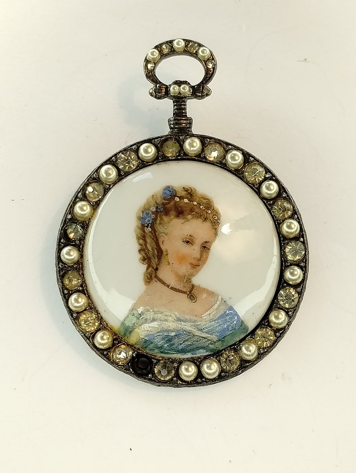 Vintage Limoges France Porcelain Framed Portrait Painted Brooch Pearl Rhinestone