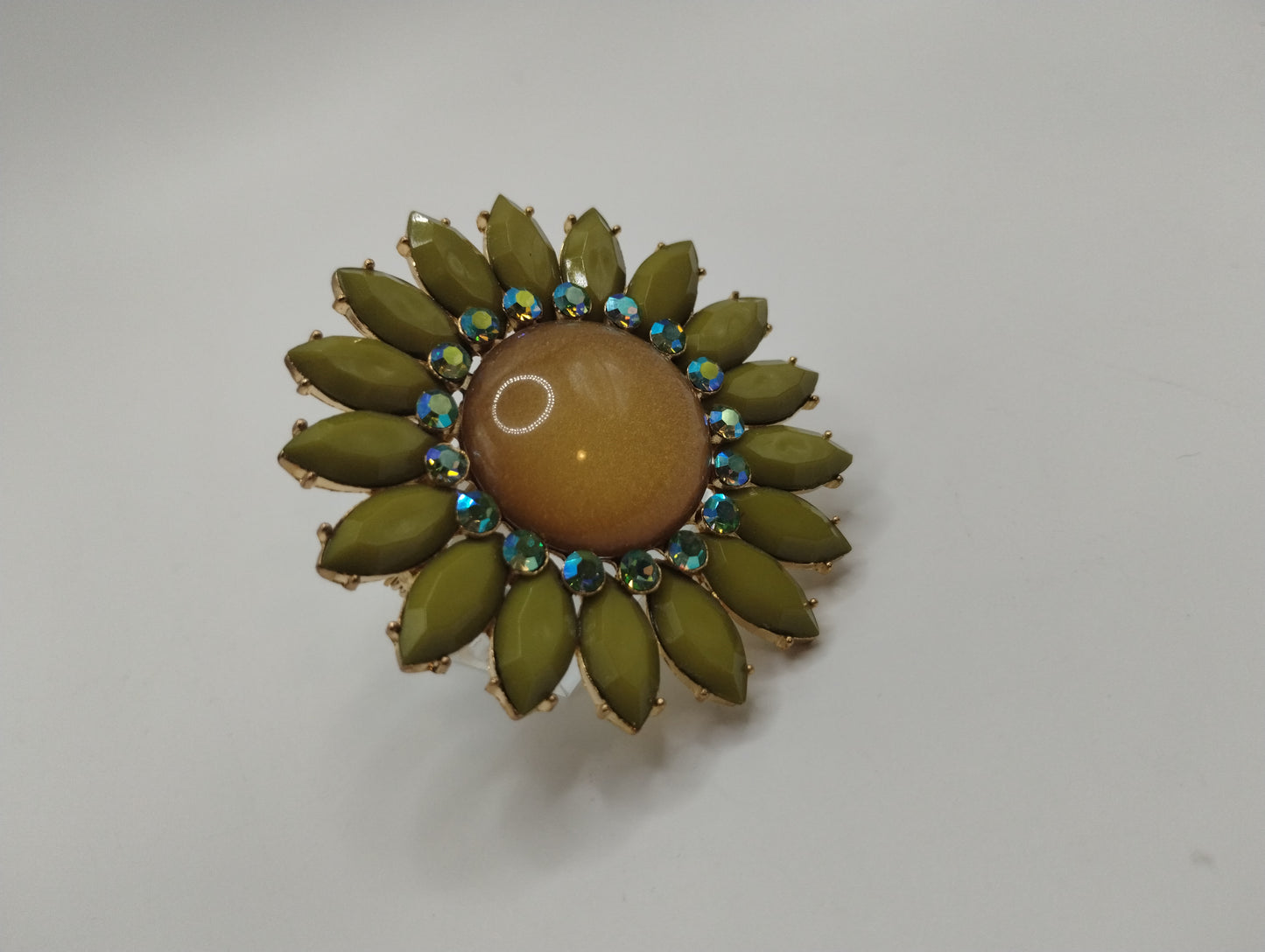 Vintage Flower Brooch Cabochon Center Stone Gold Tone AB Rhinestones