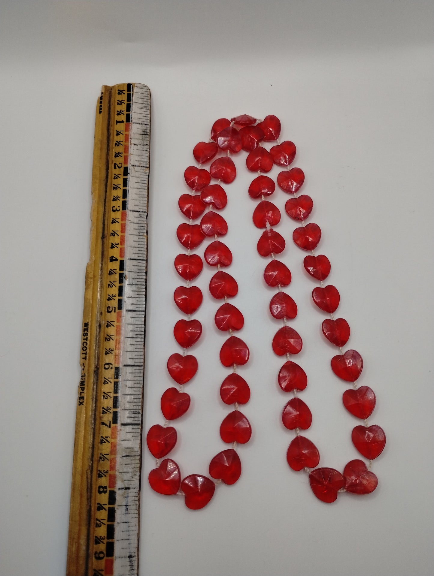 Sweet Cute Red Plastic Faceted Heart Cord Necklace 32" Long