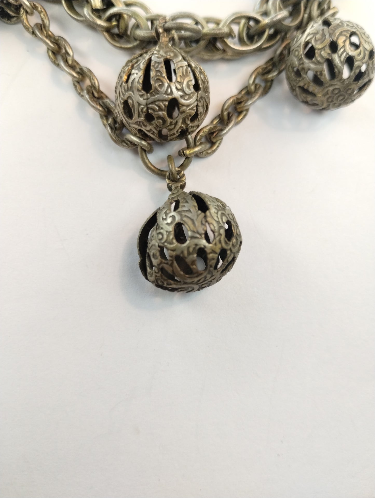 Vintage Silver Tone Heavy Multistran Chain Bell Ball Bohemian Bracelet Dangly