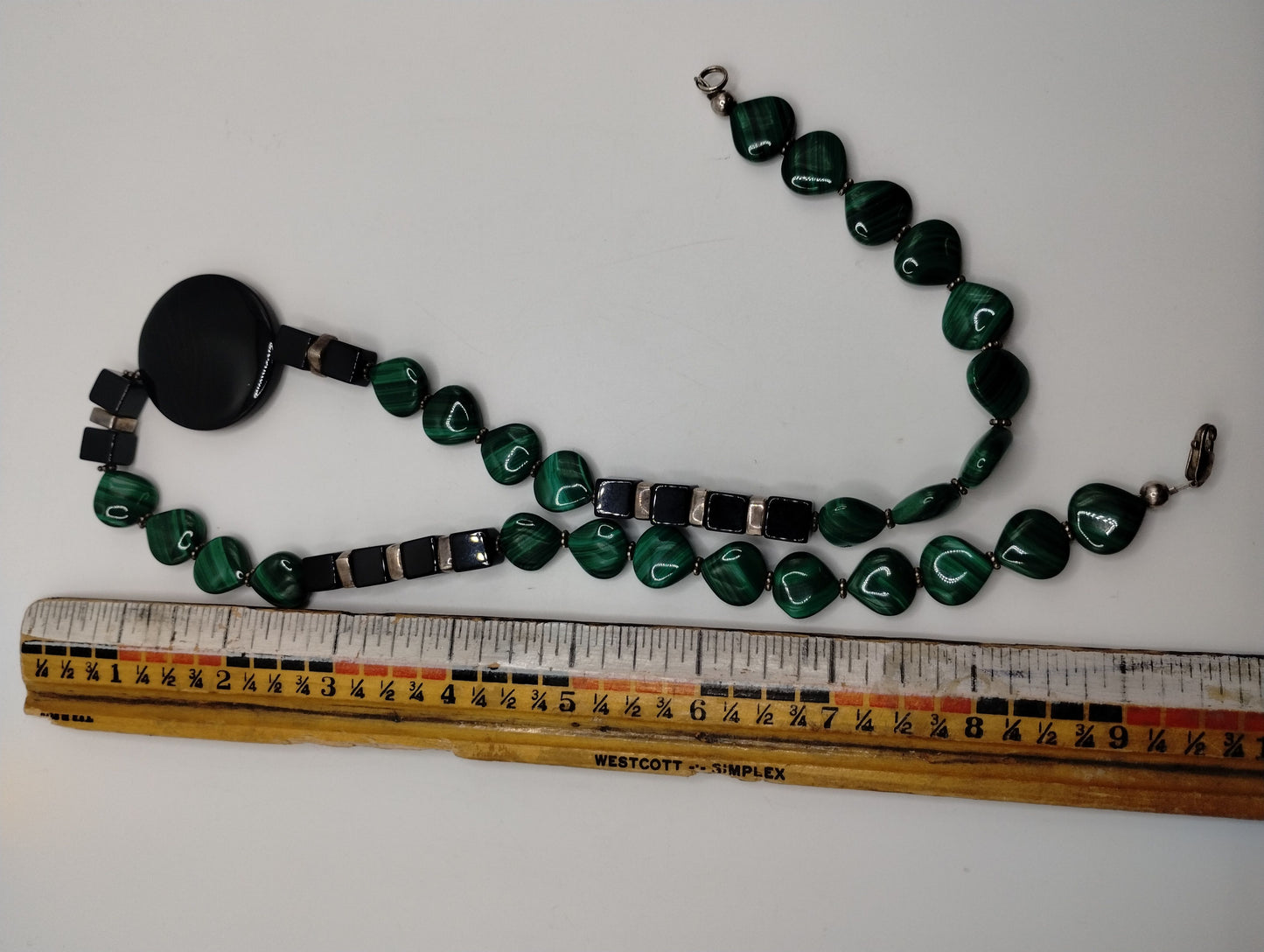 Sterling Silver 925 Onyx Malachite Modern Bead Necklace 22 1/4" Long