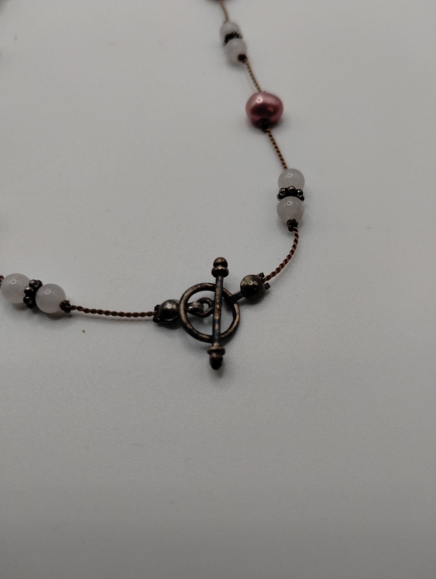 Silver Tone Pink Quartz Pink Pearl Toggle Clasp Necklace