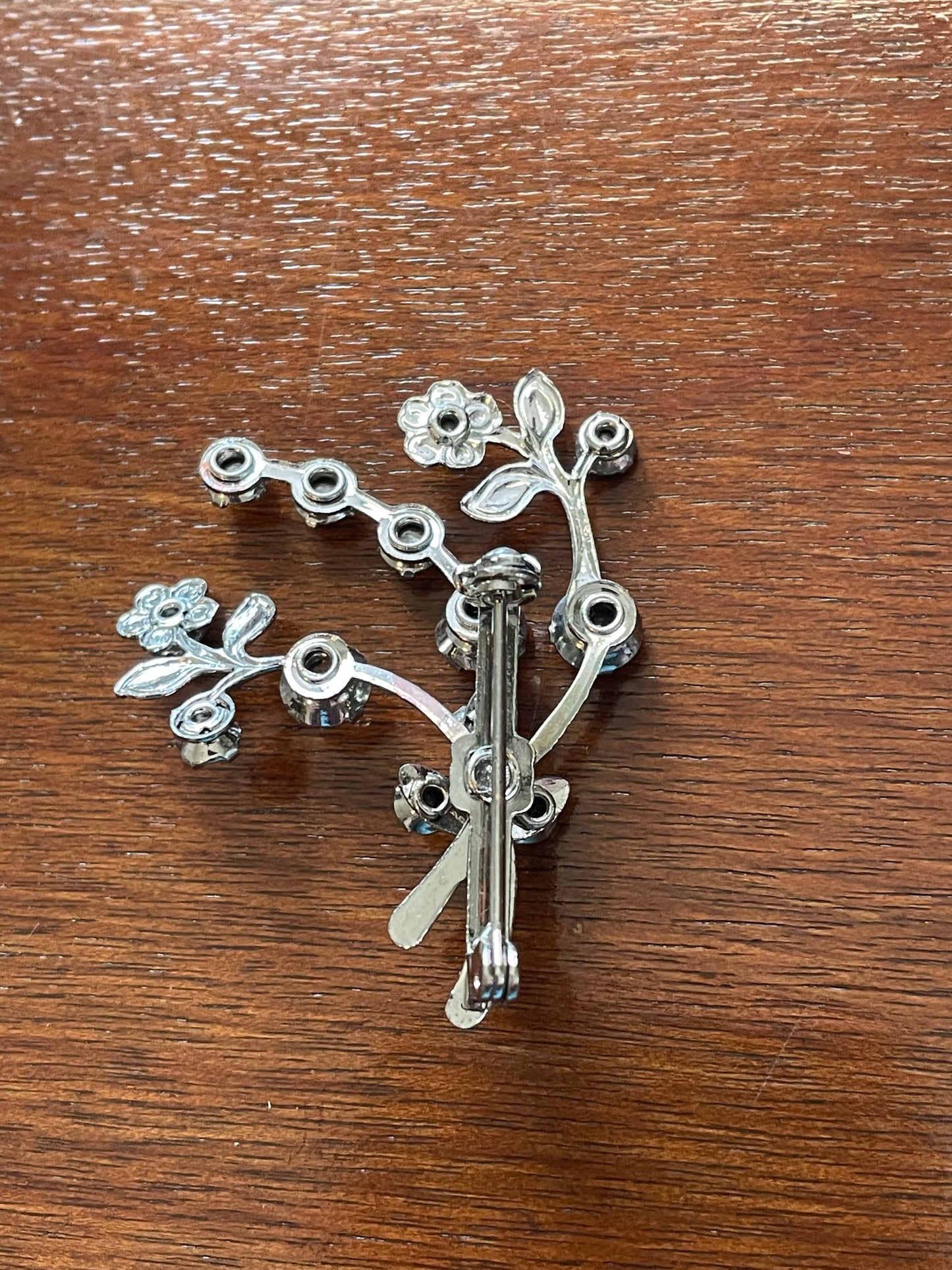 Silver Tone Metal Rhinestone Brooch Pin Branches w Flowers