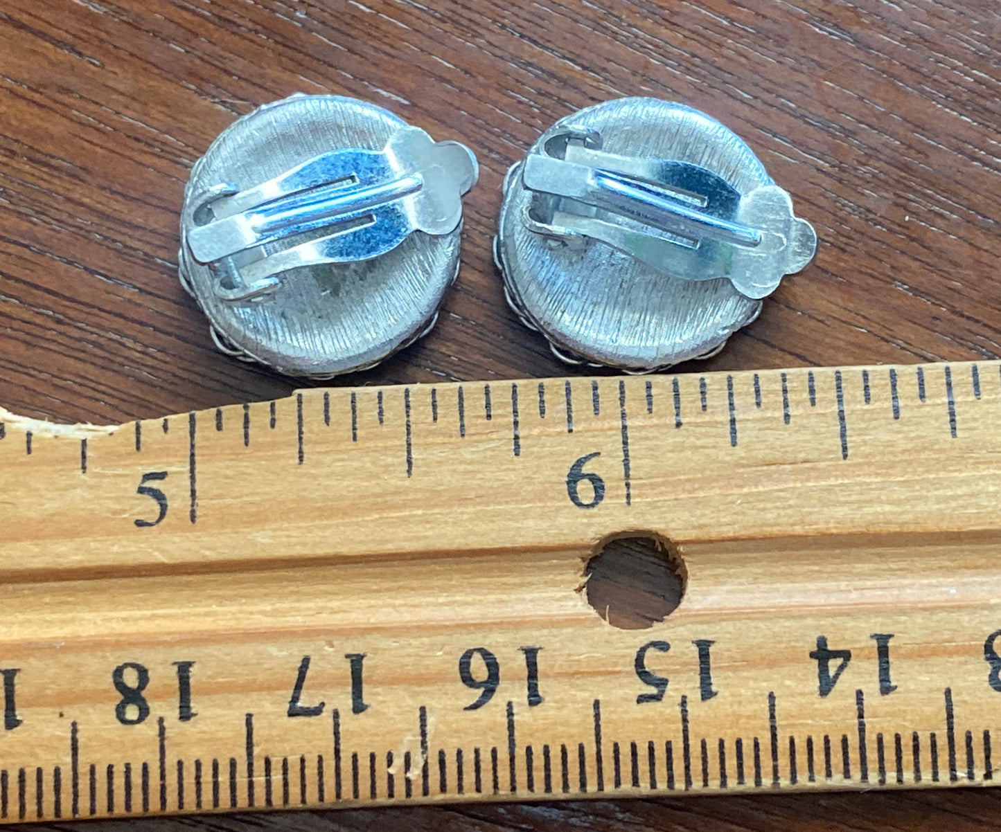 Vintage Textured Silvertone Metal Round Starburst Blue Stone Clip on Earrings