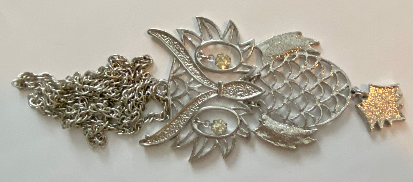 Vintage Silvertone Metal LARGE Rhinestone Owl Pendant Necklace