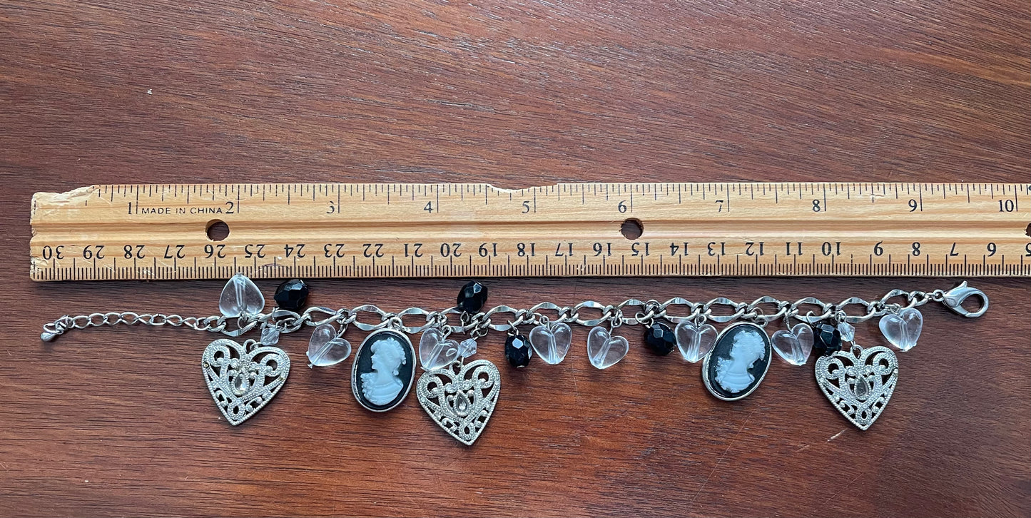 Victorian Style Silver Tone Metal Charm Bracelet Puffy Hearts Faux Cameos Beads