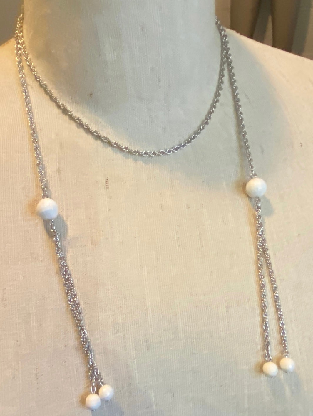 Silver Tone Chain Link White Faceted Bead Wrap Necklace