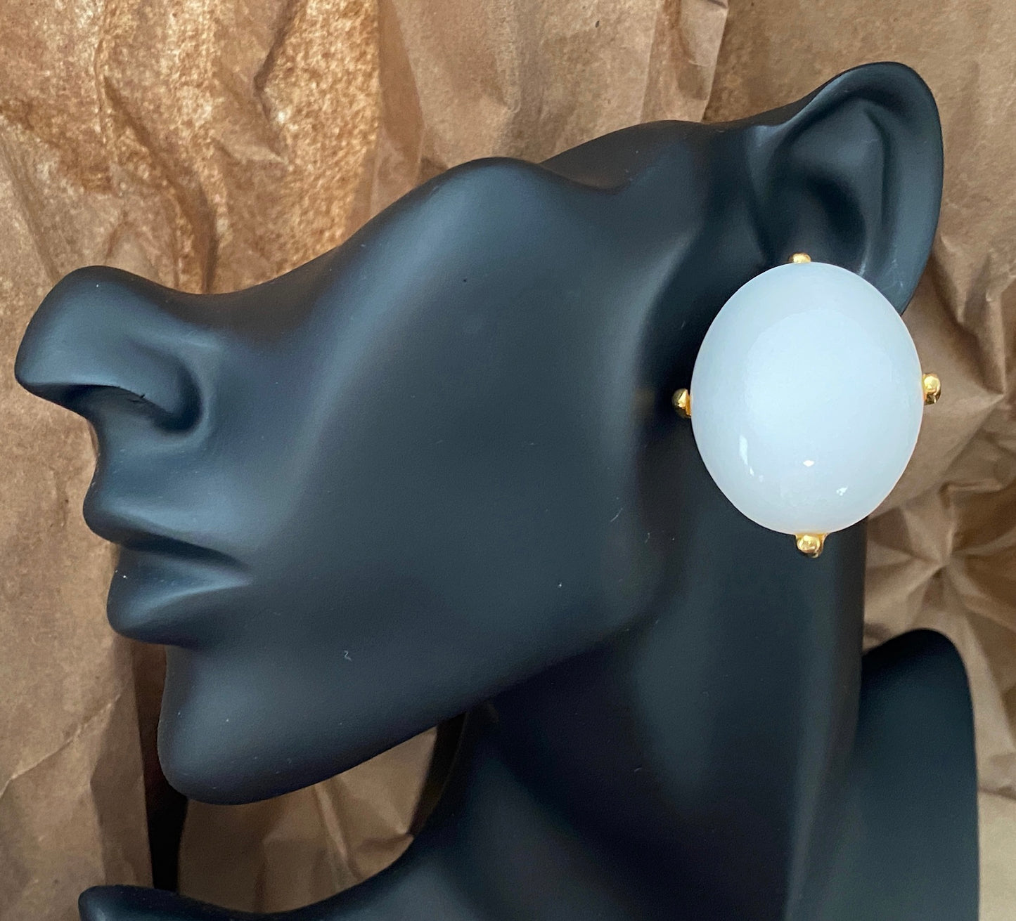 Massive Park Lane White Cabochon Gold Tone Cabochon Clip on Earrings