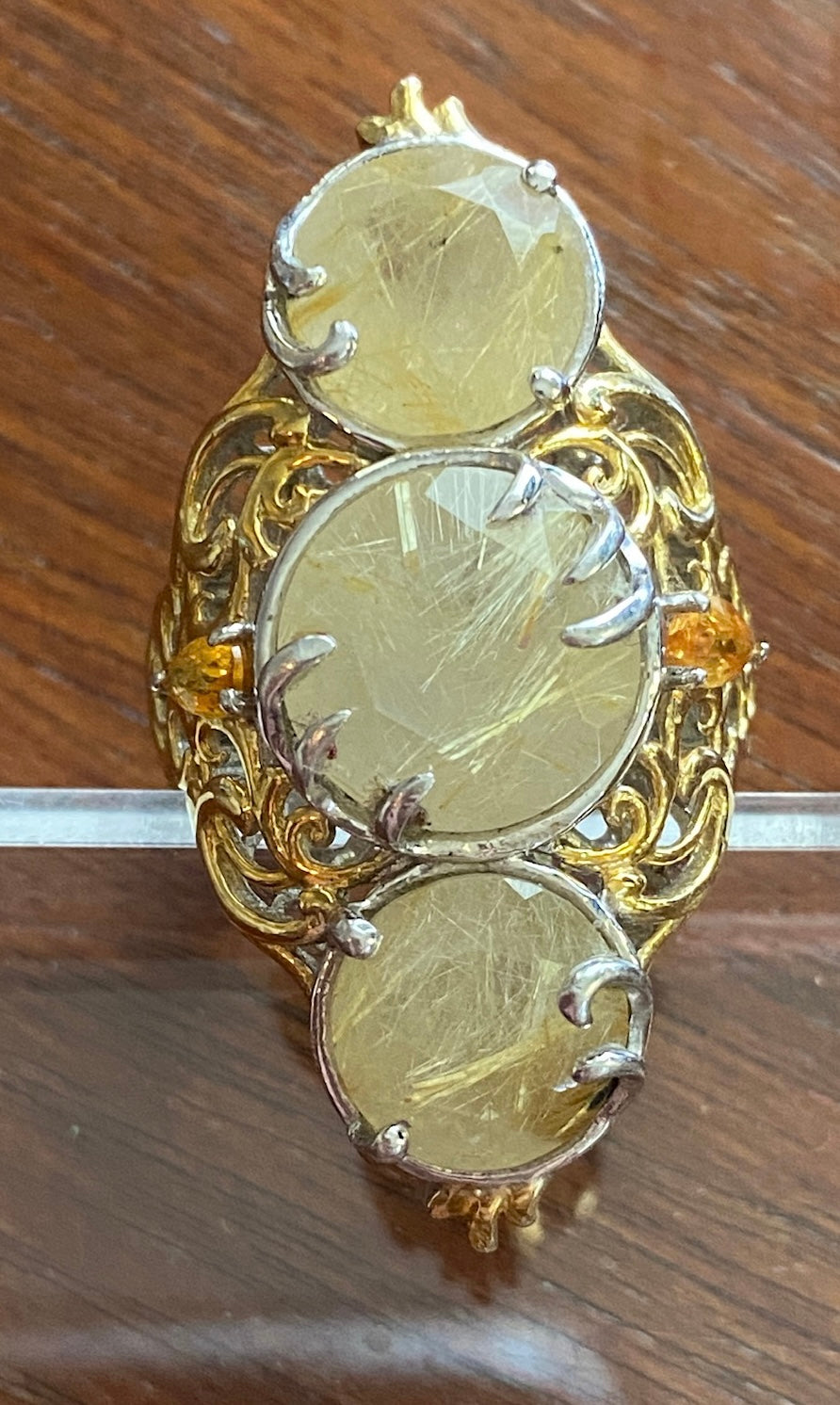 Golden Rutilated Quartz Jalisco Fire Orange Platinum over Sterling Silver Ring Sz 7
