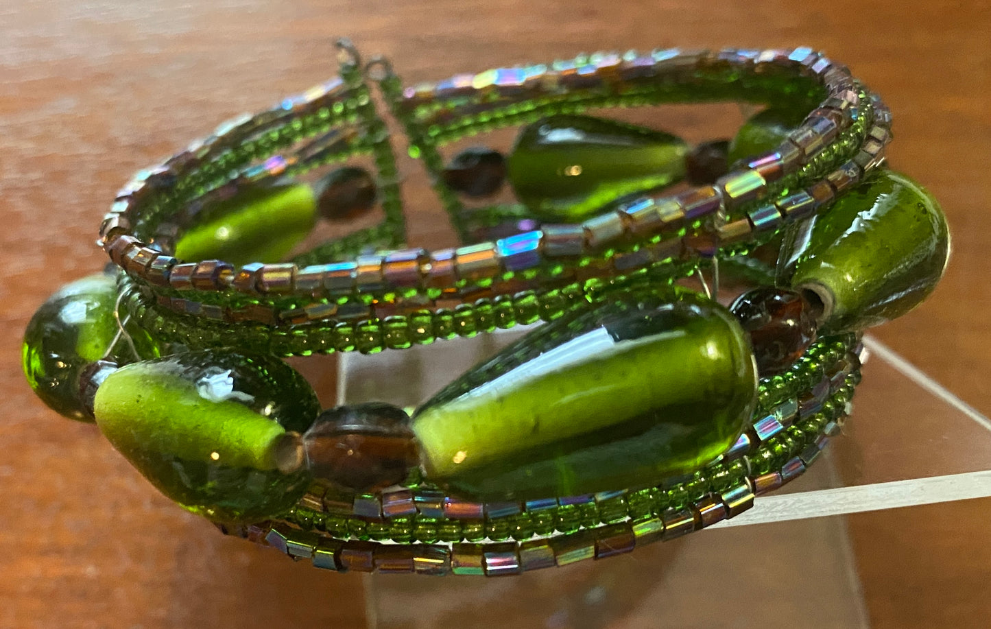 Green Seed Bead Glass Wire Wrap Cuff Bracelet