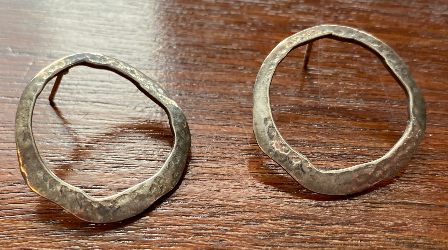 Signed Silver Modernist Open Round Pierced Earrings