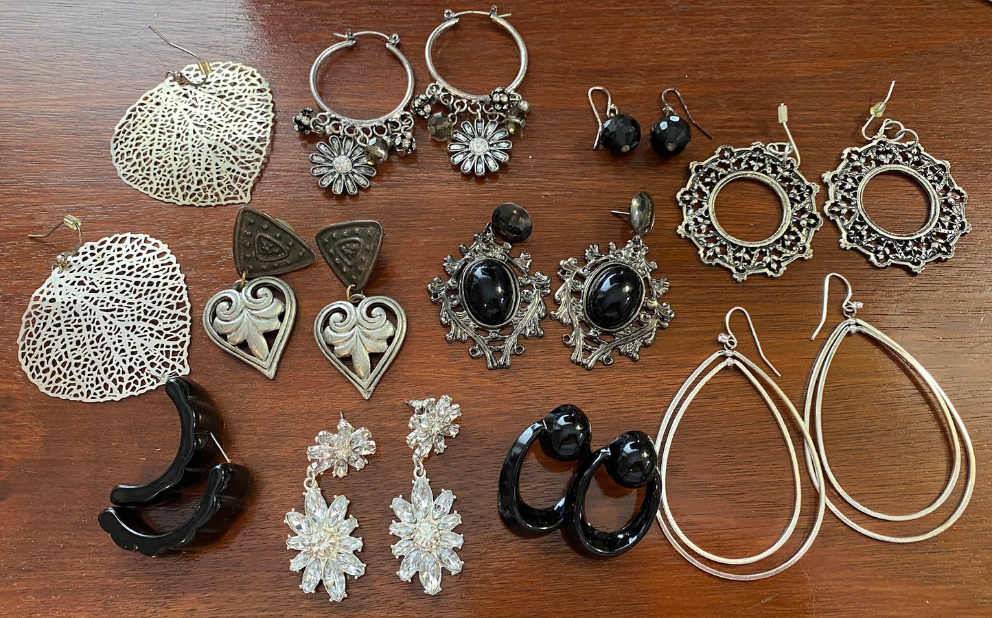Lot of 10 Pairs of Earrings Pierced Silver Black Heart Filigree Drop Rhinestone