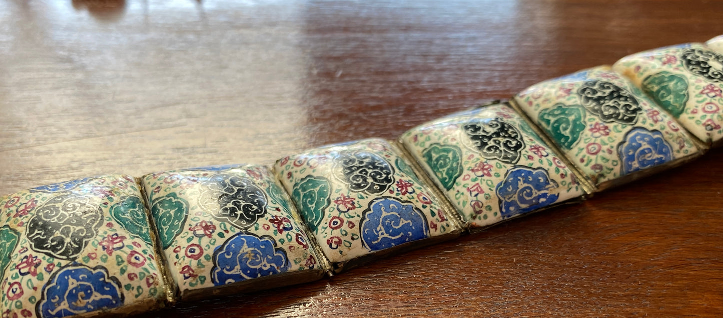 Antique Vintage Silver Enamel Panel Persian Eastern Bracelet