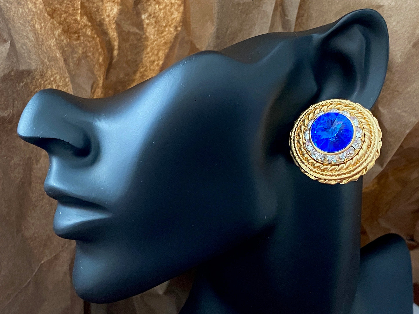 Vintage 80's Large Gold Tone Blue Rhinestone Clip on Earrings