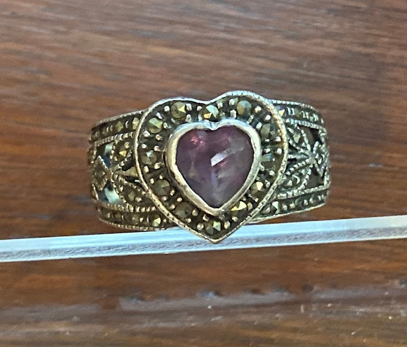 Sterling Silver 925 Amethyst Marcasite Heart Shaped Ring Sz 8.25 Signed NF