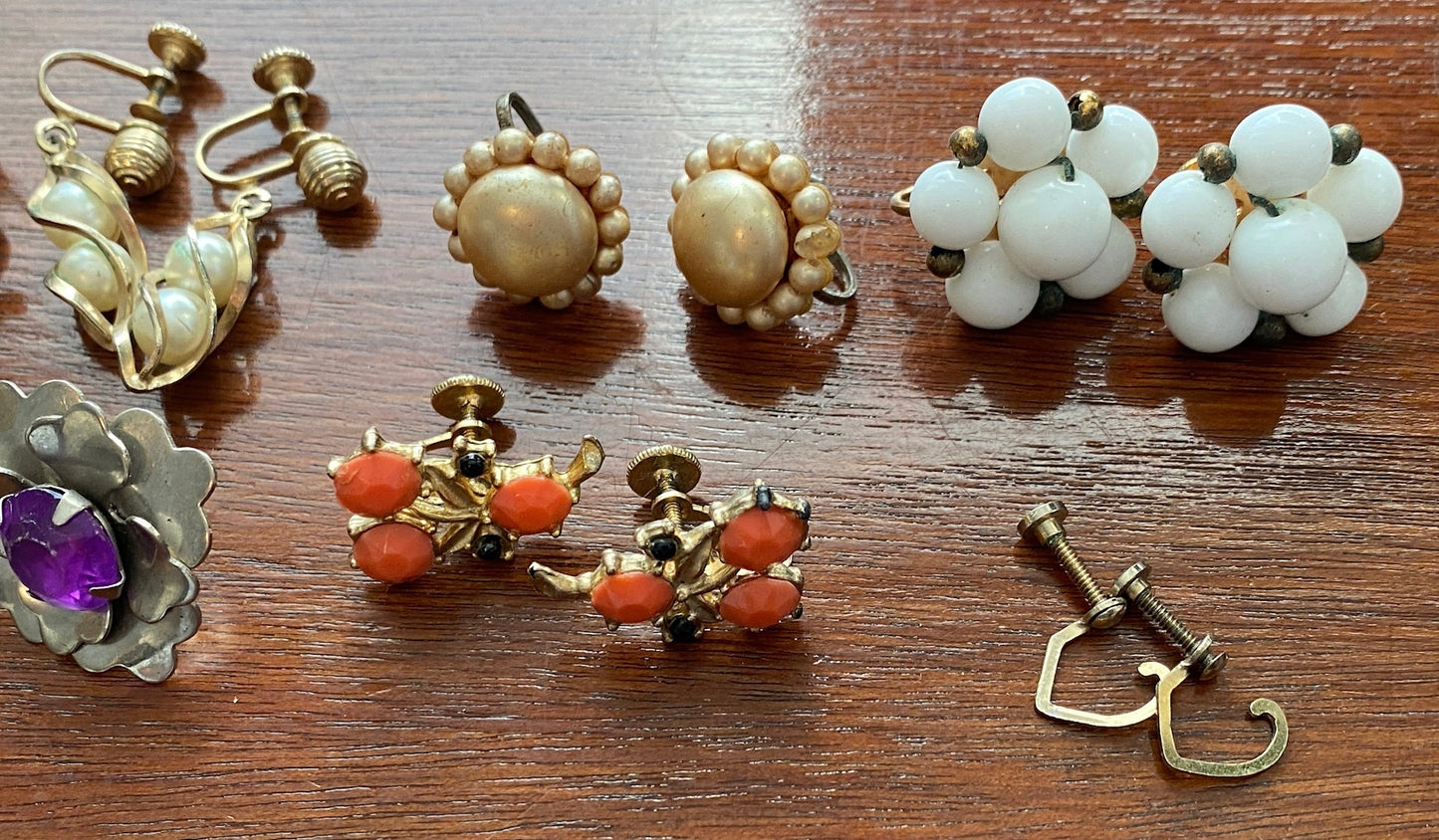 Lot of Vintage Screwback Earrings Bead Rhinestone Faux Pearl
