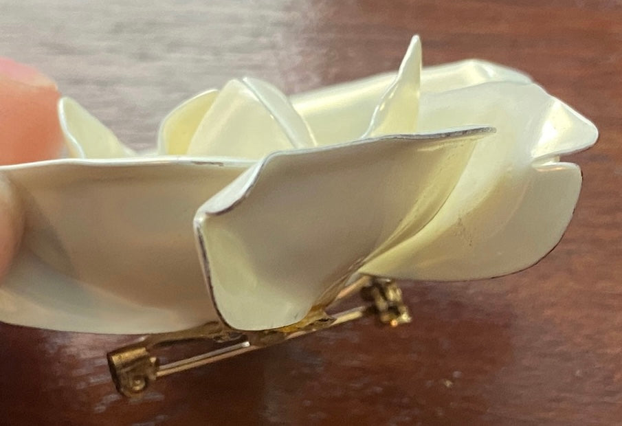 Vintage Metal Iridescent Pearlescent White Large Flower Rose Brooch Pin