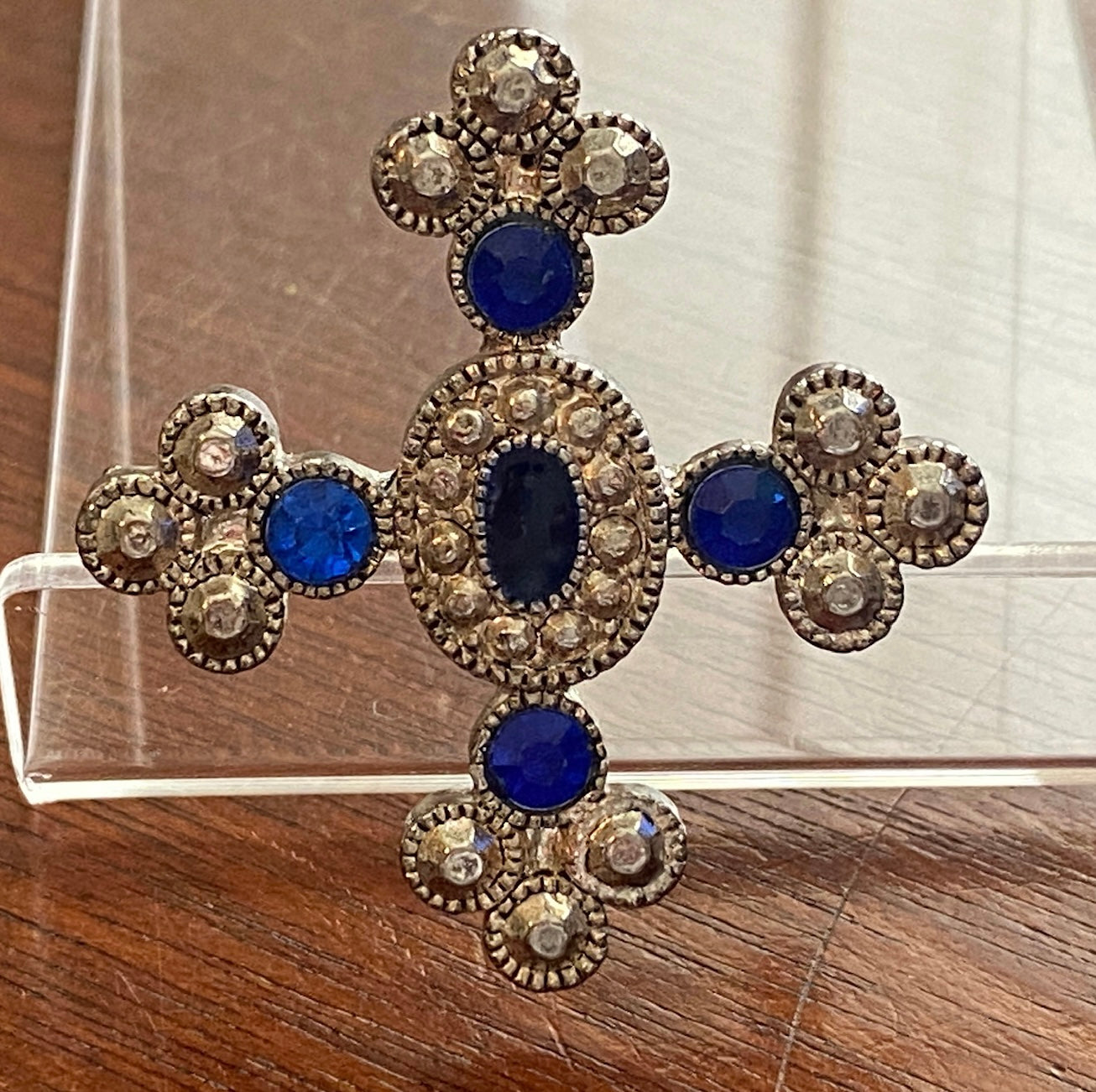 Vintage Silver Tone Blue Rhinestone Maltese Style Brooch Pin