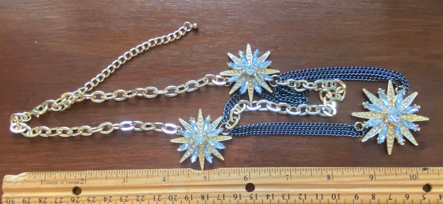 Festoon Gunmetal Gold Tone Metal Rhinestone Starburst Necklace