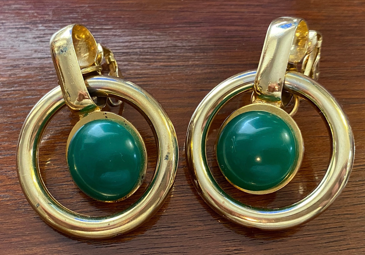 Vintage Large Gold Tone Metal Door Knocker Clip on Earrings Faux Green Stone