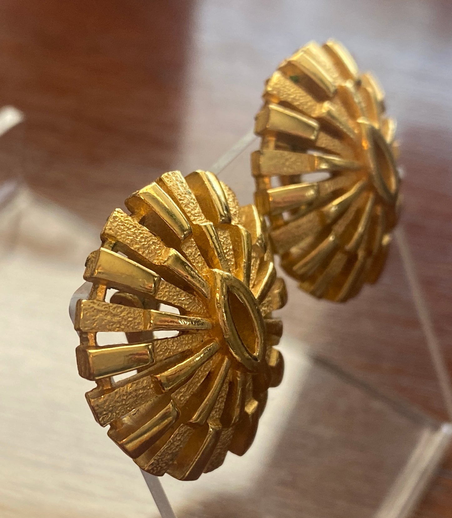 Vintage Signed Trifari Two Tone Gold Metal Domed Clip on Earrings