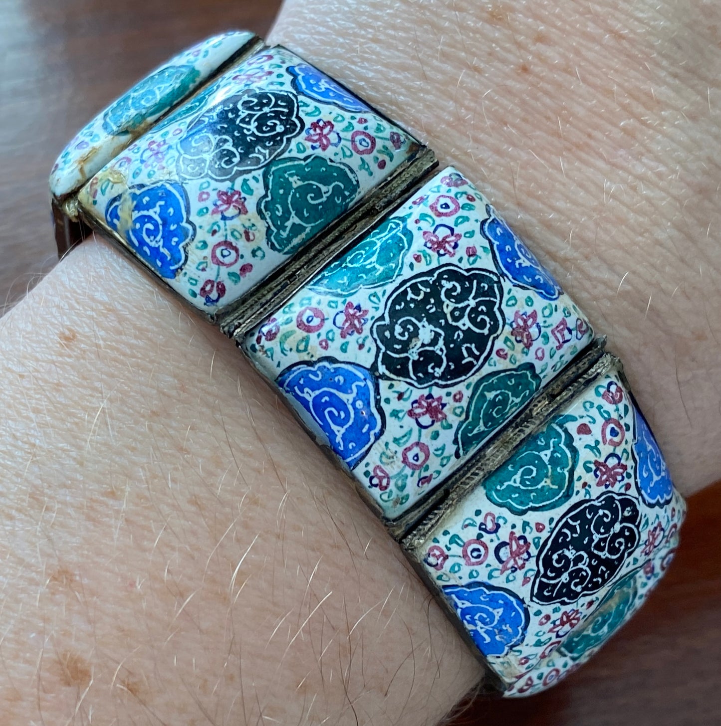 Antique Vintage Silver Enamel Panel Persian Eastern Bracelet