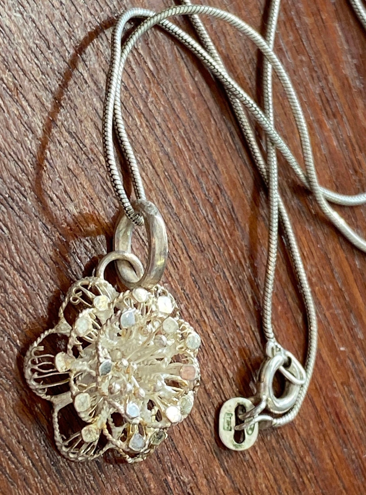 Sterling Silver 925 Filigree Flower Snake Chain Pendant Necklace